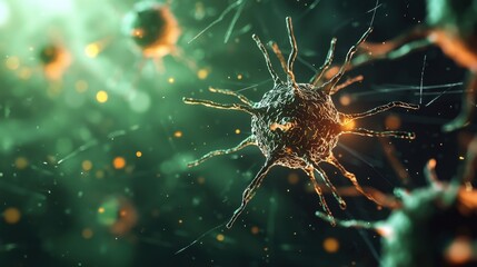 Dynamic interactions of microorganisms are observed in a vibrant green environment, showcasing their structure and movement under high magnification