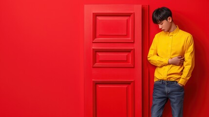 Man with Stomach Pain Against Red Background Highlighted by Yellow Clothing and Door