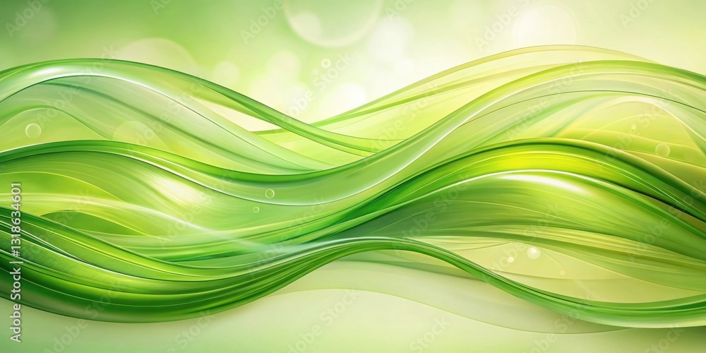 Poster Abstract Green Waves on a Light Background with Subtle Bokeh Effects