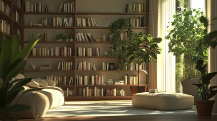 Sunlit library lounge, plants, calm