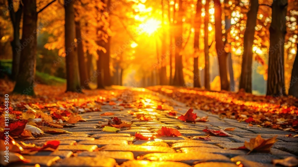 Poster a cobblestone path through an autumn forest, bathed in the golden light of a setting sun