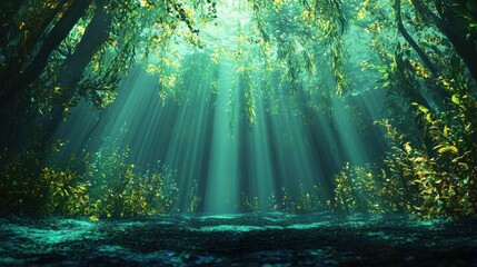Obraz premium Soft beams of sunlight penetrate the dense canopy, illuminating the serene forest floor. Vibrant plants thrive in the calm, inviting atmosphere of this woodland