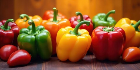 A vibrant collection of sweet bell peppers in assorted colors, including red, yellow, orange, and green, arranged on a dark wooden surface.