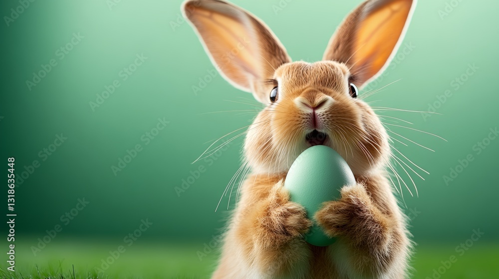 Poster rabbit is holding an egg in its mouth. the rabbit is looking at the camera with a curious expression