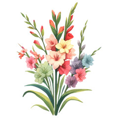Obraz premium Floral bouquet concept. A vibrant bouquet of colorful gladiolus flowers, showcasing a variety of hues and lush green leaves, perfect for decoration or floral arrangements.