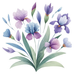 Floral bouquet concept. A beautiful illustration of various iris flowers in shades of purple and blue, surrounded by green leaves, showcasing delicate floral artistry.
