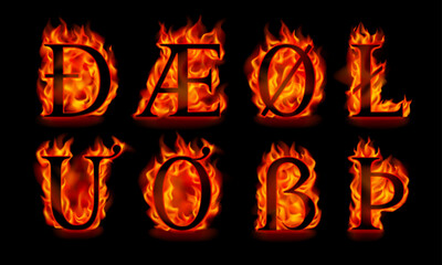 Fire letters Æ, ß, Þ, Đ, Ø, Ł, Ư, Ơ isolated on a black background. Serif font in orange flames. Vector illustration. 