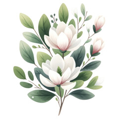 Floral bouquet concept. A beautiful illustration of magnolia flowers surrounded by lush green leaves, showcasing elegance and natural beauty.