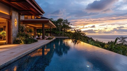 Obraz premium A stunning luxury villa features an infinity pool that reflects the vibrant colors of the sunset. Tropical plants surround the area, enhancing the tranquil atmosphere by the ocean