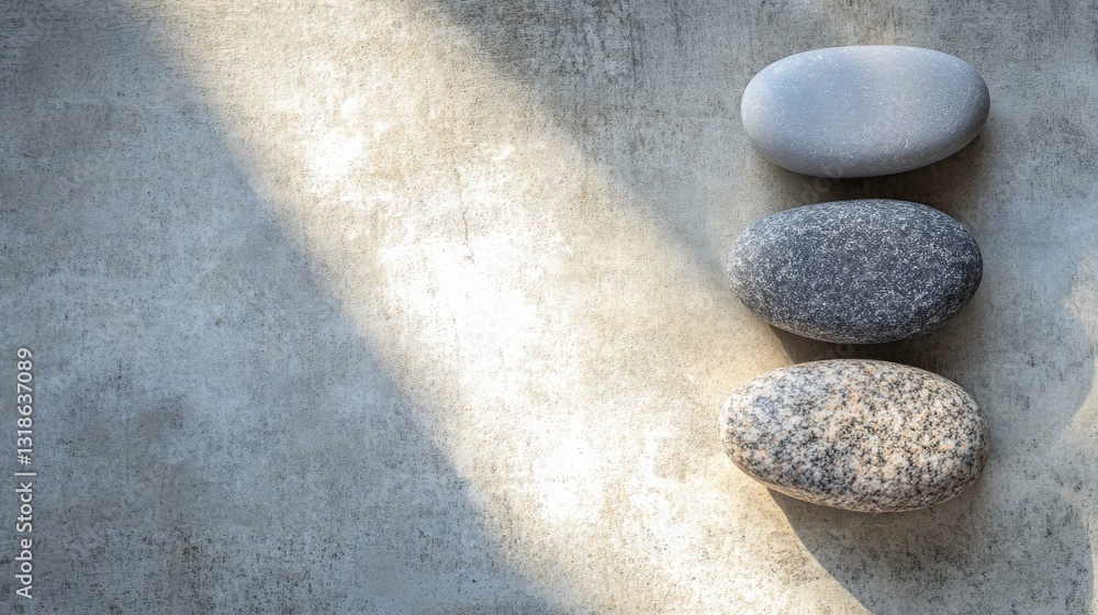Aufkleber three smooth stones arranged on a textured surface, illuminated by soft sunlight, creating calmness