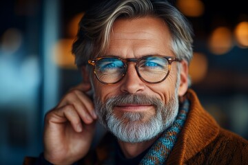 Man with glasses and a beard is smiling at the camera. He is wearing a brown jacket and a blue scarf