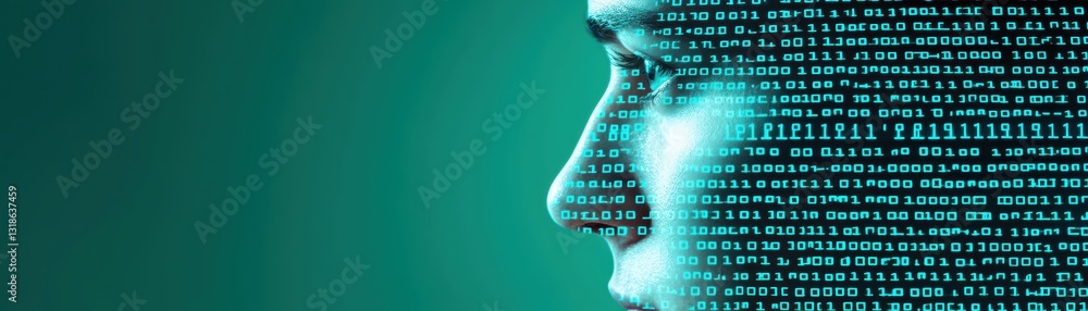 Poster surreal cyber world merging human and digital elements with futuristic data streams