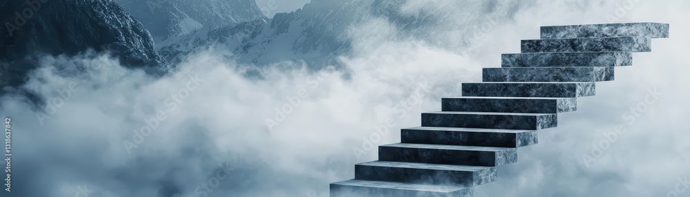 Poster surreal floating stairs disappearing into the void above clouds with majestic mountains background