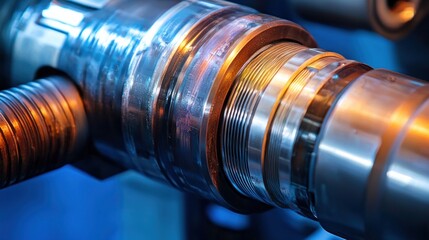 Obraz premium Threaded metal cylinder with intricate details & metallic textures, cool lighting