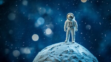 Fototapeta premium Lunar Voyager: A lone astronaut stands confidently on a surreal, alien moonscape under a starlit cosmos, contemplating the vast expanse of space. 