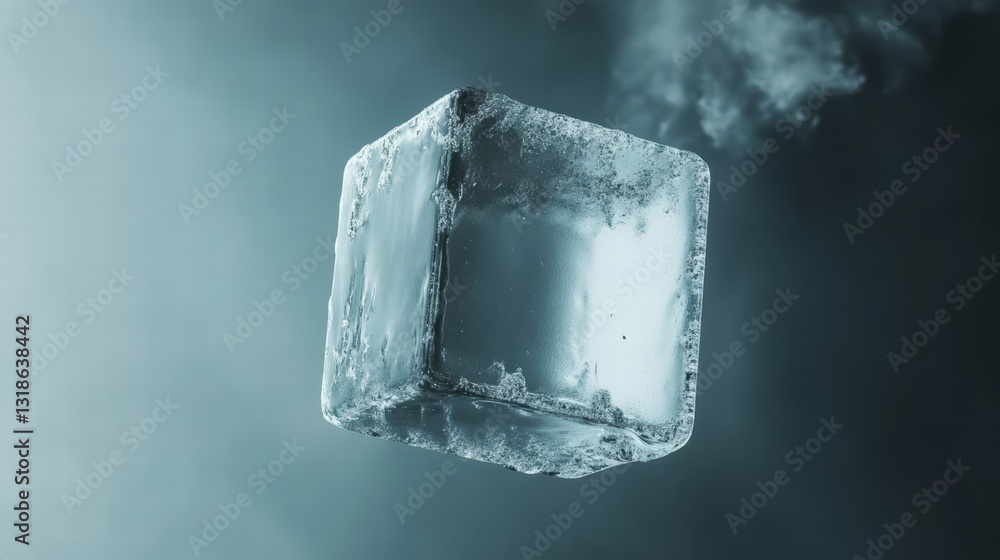 Poster frozen in time: a captivating close-up showcases a perfect ice cube suspended mid-air, with delicate
