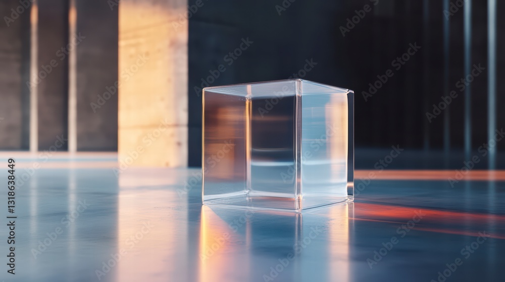 Poster geometric clarity: a transparent cube rests on a reflective surface within a modern, industrial-styl