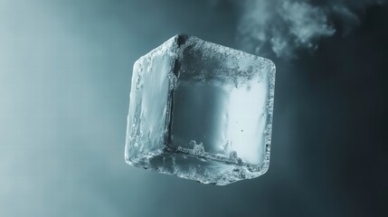 Obraz premium Frozen in Time: A captivating close-up showcases a perfect ice cube suspended mid-air, with delicate wisps of vapor swirling around it, creating an image of refreshing coolness.