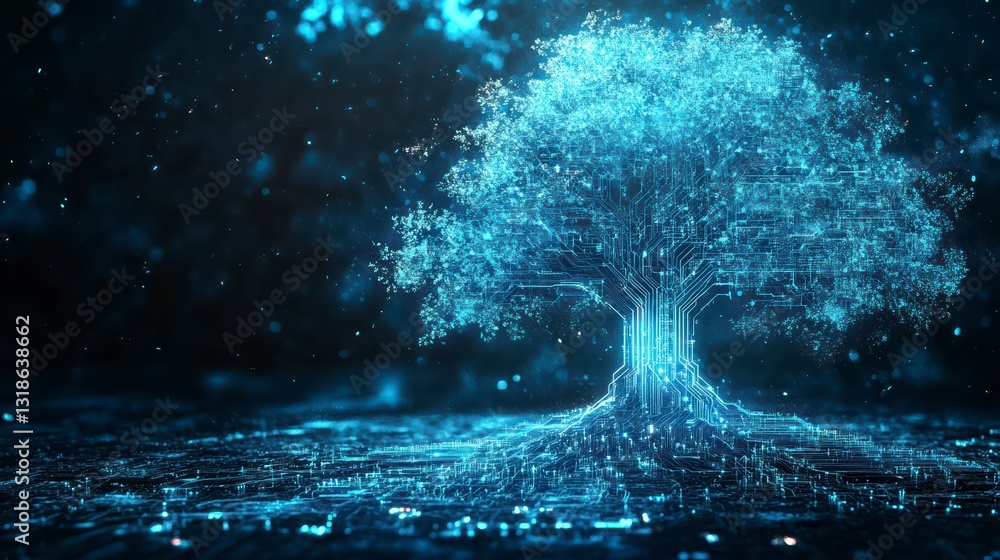 Poster digital tree of life: an awe-inspiring digital representation of a tree, its branches and roots rend