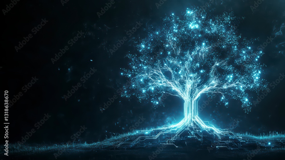 Poster digital luminescence: an illuminated tree of life pulsates with ethereal light against a canvas of t