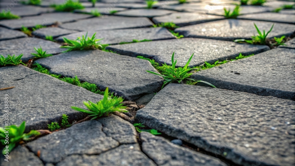 Poster a close-up perspective of a stone path with vibrant green grass growing between the cracks, showcasi