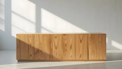  Natural Wooden Table Counter Podium with Elegant Sunlight and Shadows on a White Minimalist Background