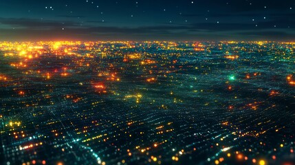 Fototapeta premium City Lights at Night: Captivating aerial view of a city illuminating the night sky, featuring a myriad of lights and building outlines creating a stunning visual tapestry of urban life.