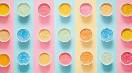Colorful Yogurt Cups Array: An overhead perspective reveals a vibrant grid of yogurt cups, each brimming with colorful, enticing flavors against a backdrop of pastel-colored stripes.