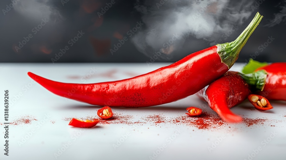 Poster red pepper sits on a table with other red peppers and some salt. the peppers are sliced and scattere