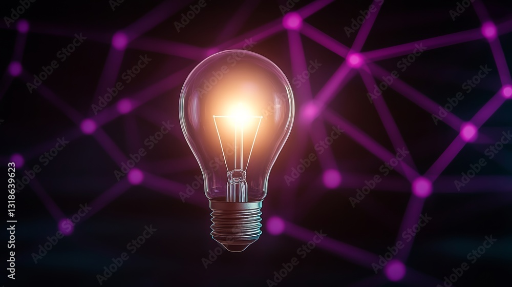Poster light bulb is lit up in a dark background. the light bulb is surrounded by a web of lines, which giv