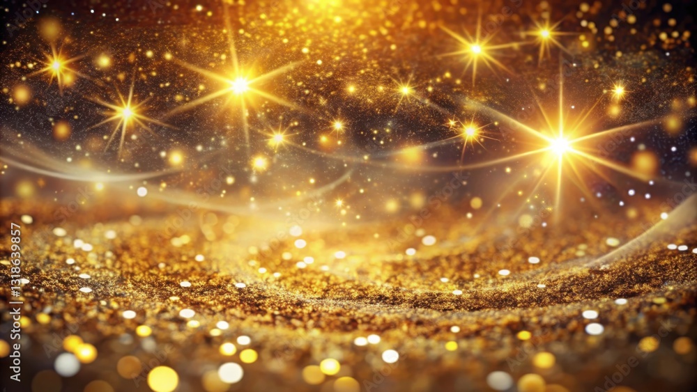 Poster a shimmering background with a golden texture, scattered with glowing stars and soft, ethereal light