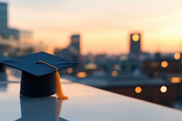 Cap positioned on ledge overlooking cityscape at sunset, symboli