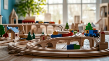 Fototapeta premium Whimsical Wooden Wonderland: A child's dream comes to life as a beautifully crafted wooden train set winds its way through a charming miniature town, inviting imaginative play and adventure.