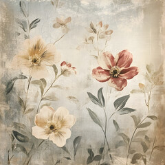 A painting of flowers with a blue background