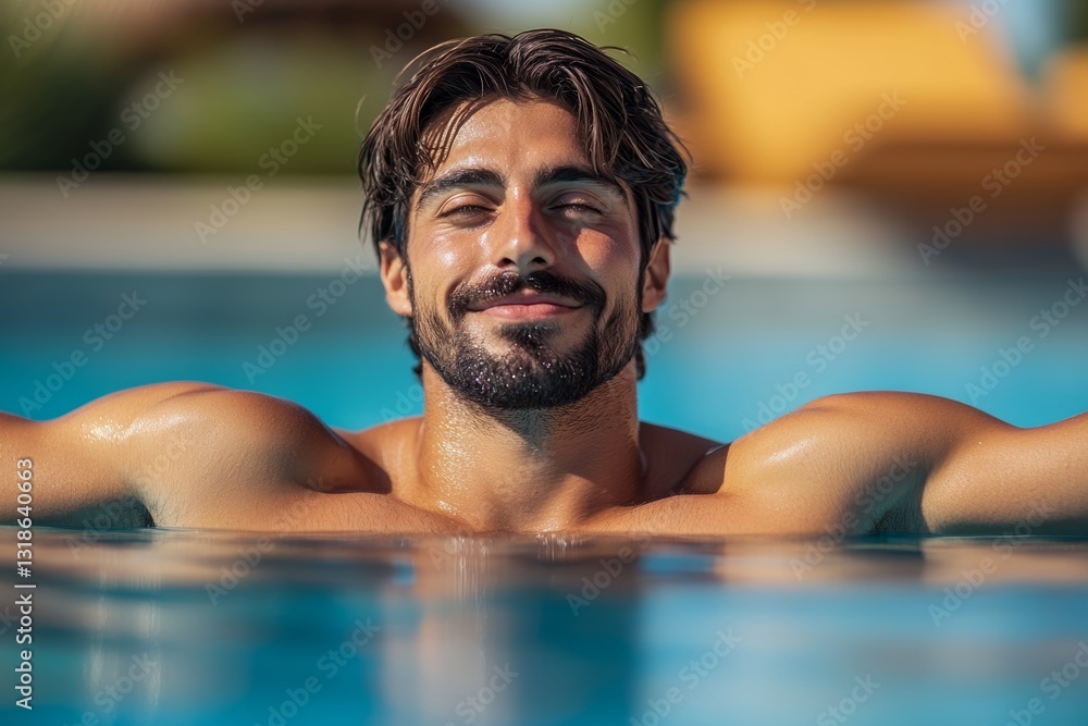Poster man is smiling and relaxing in a pool. scene is happy and carefree