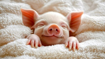 Cute Sleeping Piglet Snuggled in Fluffy White Blanket with Peaceful Expression
