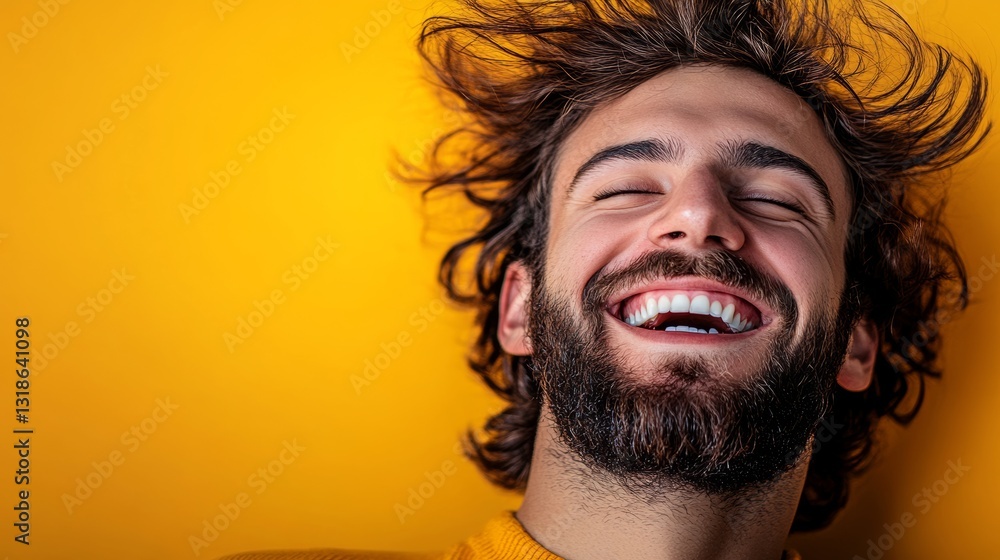 Poster man with a beard and a smile is laying on his back on a yellow background. he is smiling and he is h