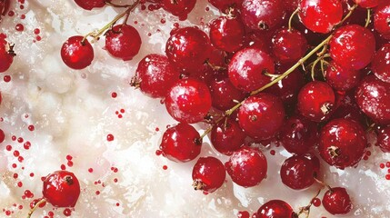 Vibrant red currants are arranged on a light white background, glistening with droplets of water, creating an appealing scene of freshness and natural beauty