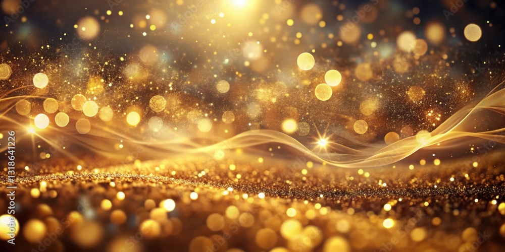 Poster abstract gold glitter and lights background with soft bokeh and sparkling waves