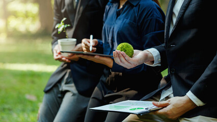 World Environment Day. Business partner brainstorm meeting discussion on ESG Environment Social and Governance.SDGs, global warming, green finance and investment.Sustainable business. ESG fund.