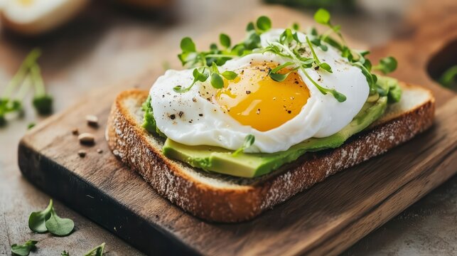 Avocado Toast Delight: A tempting close-up shot of a fresh avocado toast, perfectly topped with a runny poached egg and vibrant microgreens, capturing the essence of a delightful breakfast.