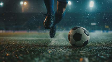 Naklejka premium Soccer or football player dribbling with ball in the field at rainy weather