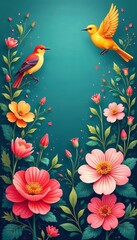 Fototapeta premium Vibrant illustration of blooming flowers and chirping birds, vibrant, nature