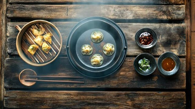 A flat lay of steaming dumplings with dipping sauces, vibrant chopsticks, and rustic wooden table decor.