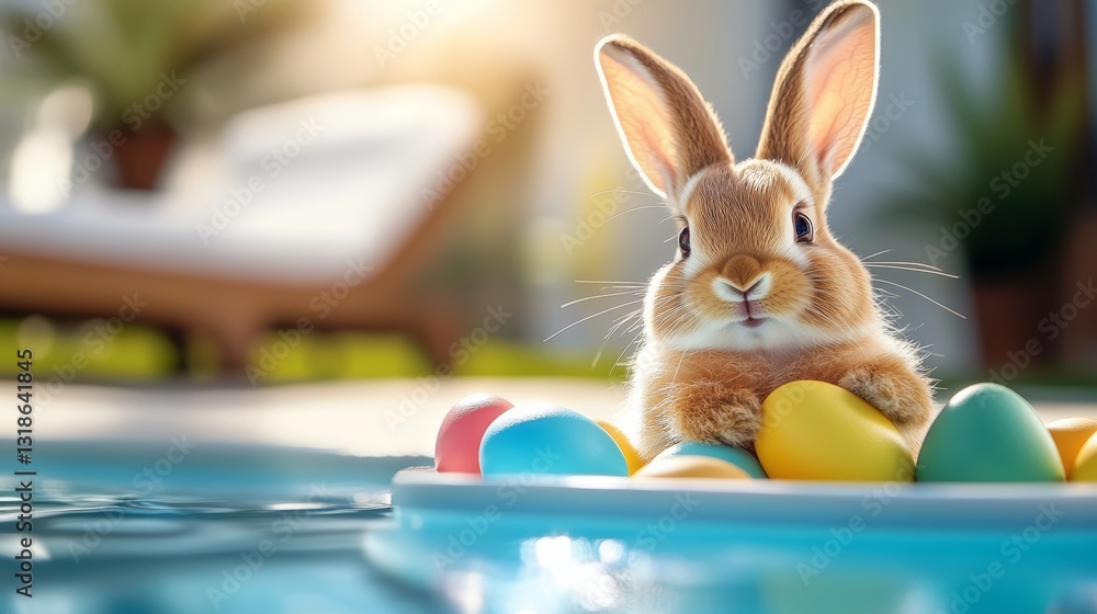 Poster rabbit is in a pool of eggs. the rabbit is looking at the camera. scene is playful and lighthearted