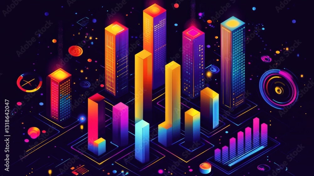 Poster vibrant digital cityscape with colorful skyscrapers and data visualizations in a futuristic setting