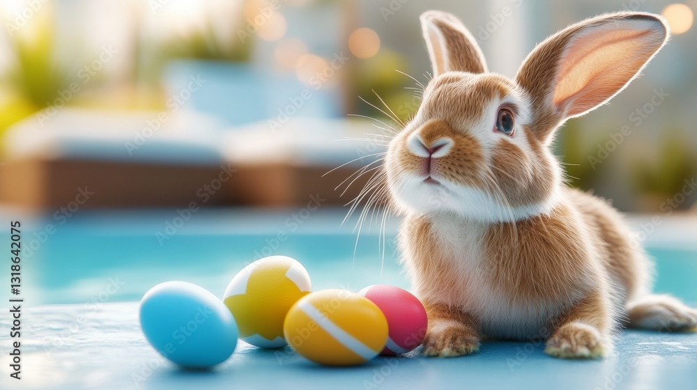 Poster rabbit is laying on a blue surface with a bunch of easter eggs around it. the rabbit is curious abou
