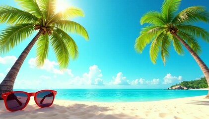 Vibrant summer sale banner with beach theme, sunglasses, and palm trees, sale, promotion