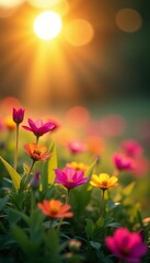 Fototapeta premium Vibrant summer bokeh lights with glowing sun flare on colorful background, summer, bokeh