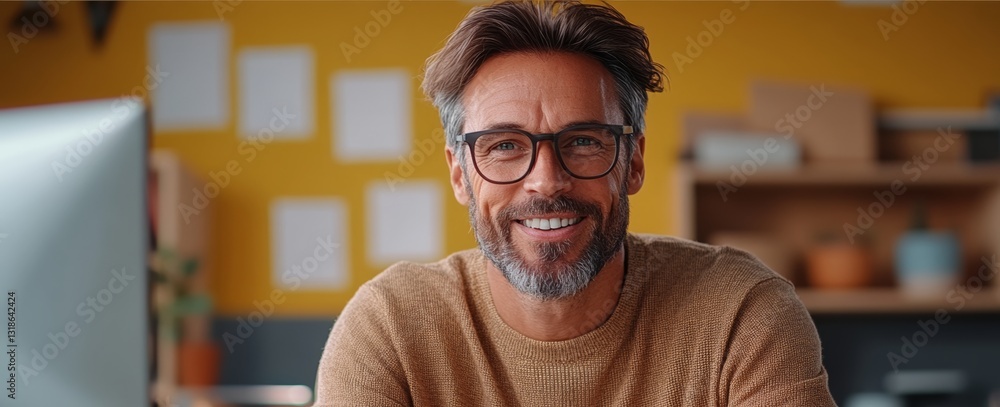 Poster man with glasses is smiling and sitting in front of a computer monitor. the room has a yellow wall a